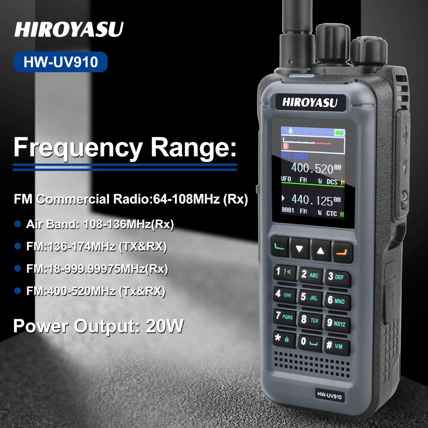 HIROYASU HW-UV910 20W V/UHF 136-174&400-480MHz 2M 70CM Radio Dual Band FM Walkie Talkie 18-999.999750MHz Air Band Rx Scrambler