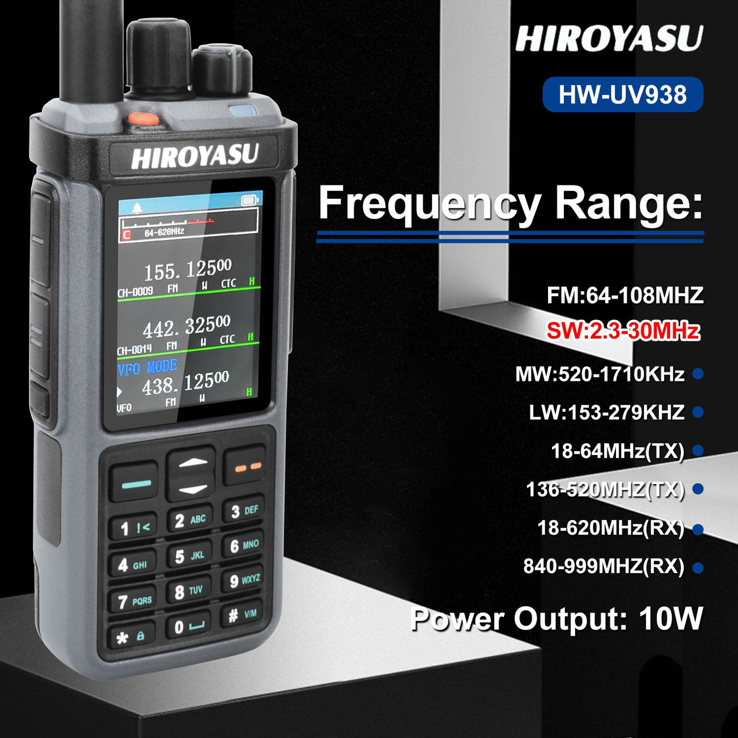 HIROYASU HW-UV938 HF Walkie Talkie SW MW LW 18-620MHz 840-1000MHz Air Band Full Band Cross-Band Repeater Scrambler NoAA AM/FM Rx