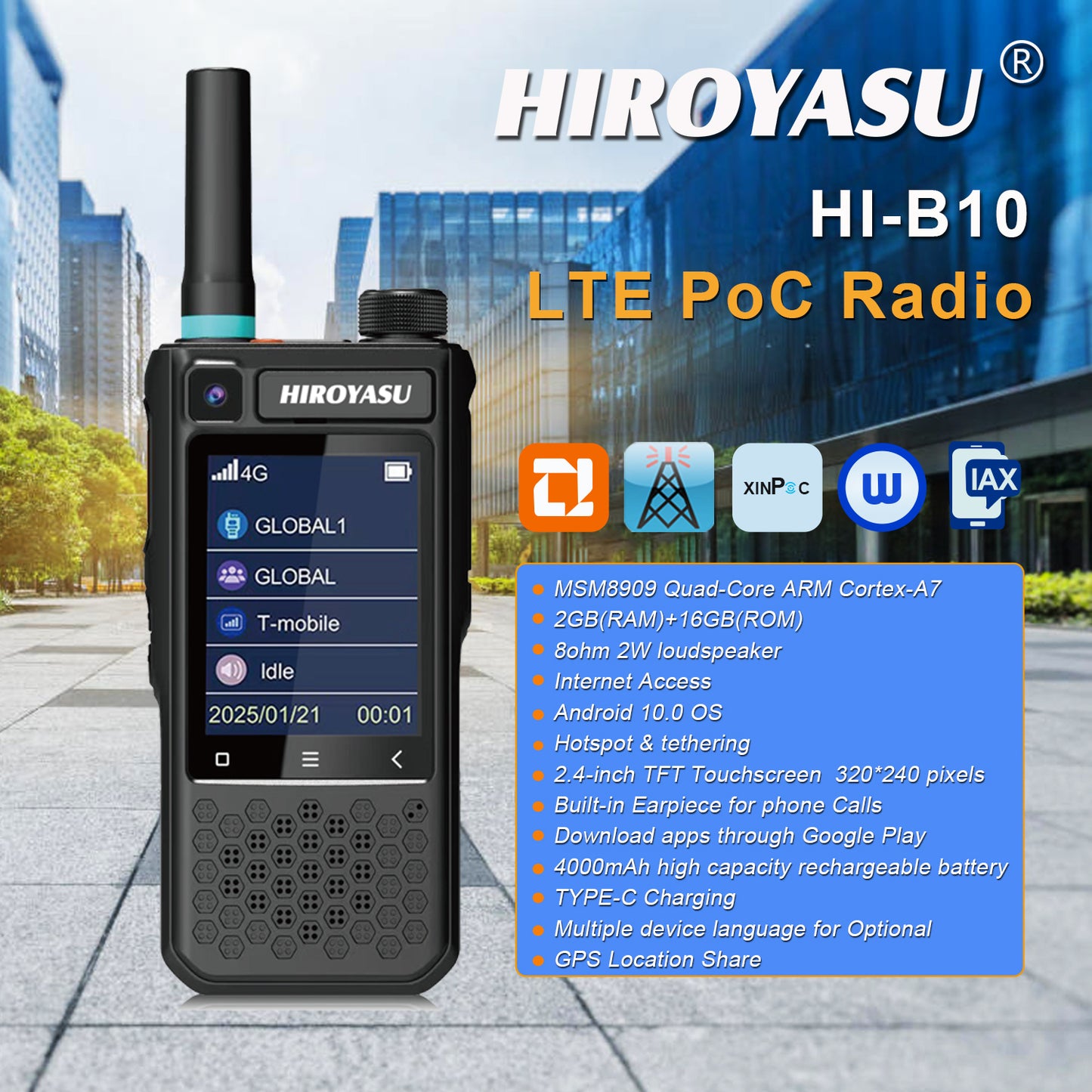 HIROYASU 4G LTE PoC Radio Video Call HI-B10 Zello Walkie Talkie 2GB RAM ROM 16GB Android 10.0 Hotspot & Tethering 2.4-inch Color Touchscreen