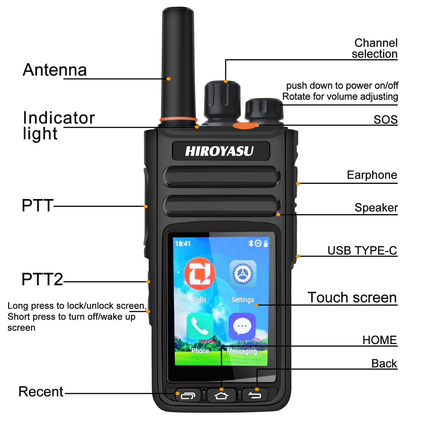 HIROYASU HI-B8 2G 3G 4G Cellular Network WiFI Zello PoC FM Walkie Talkie Android 9.0 Phone Call Messaging GPS 2.4" Touch Screen