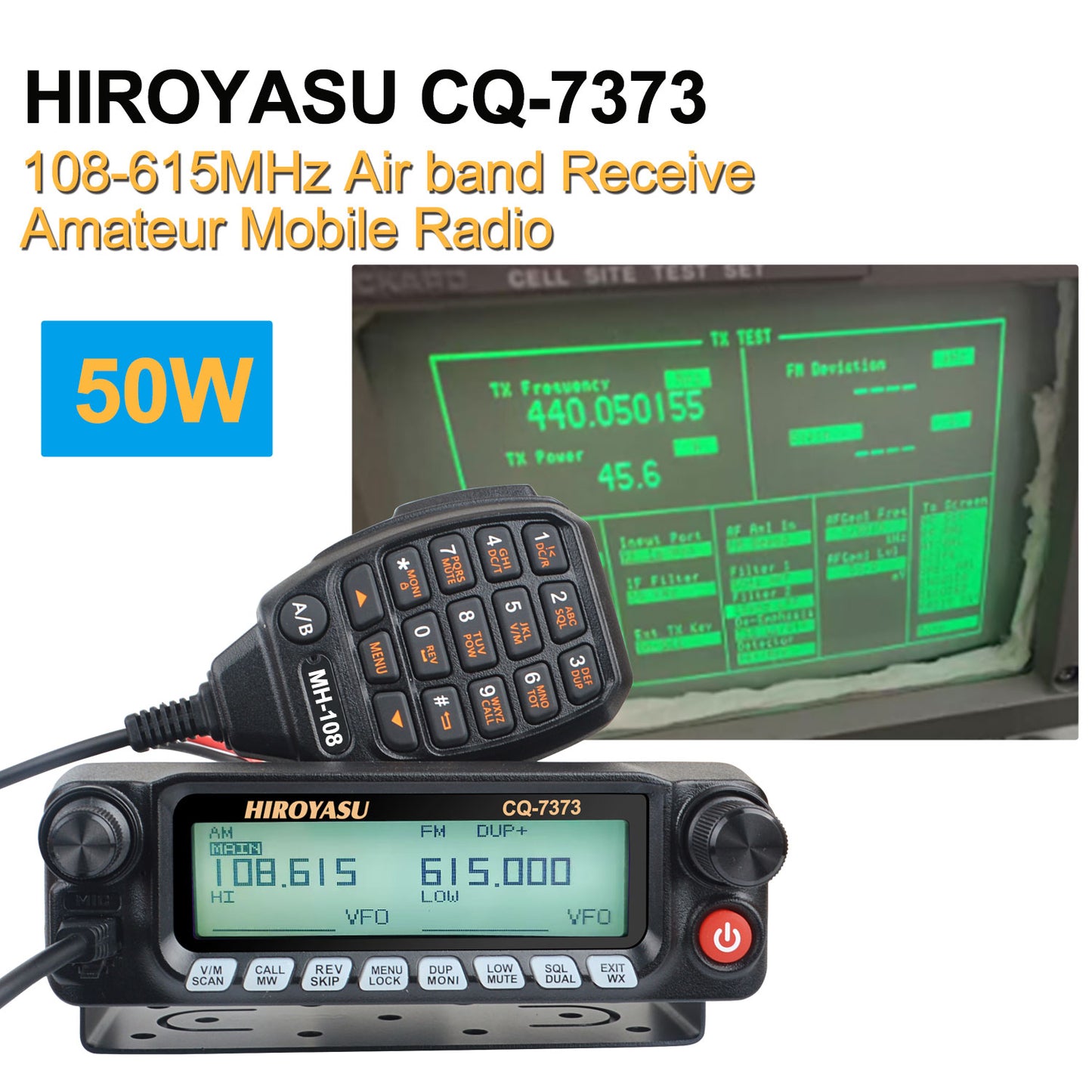 HIROYASU CQ-7373 Detachable Front Panel 108-615MHz Eight Bands Rx VU Dual Band Tx 50W 100Ch Aviation Amateur Mobile Transceiver