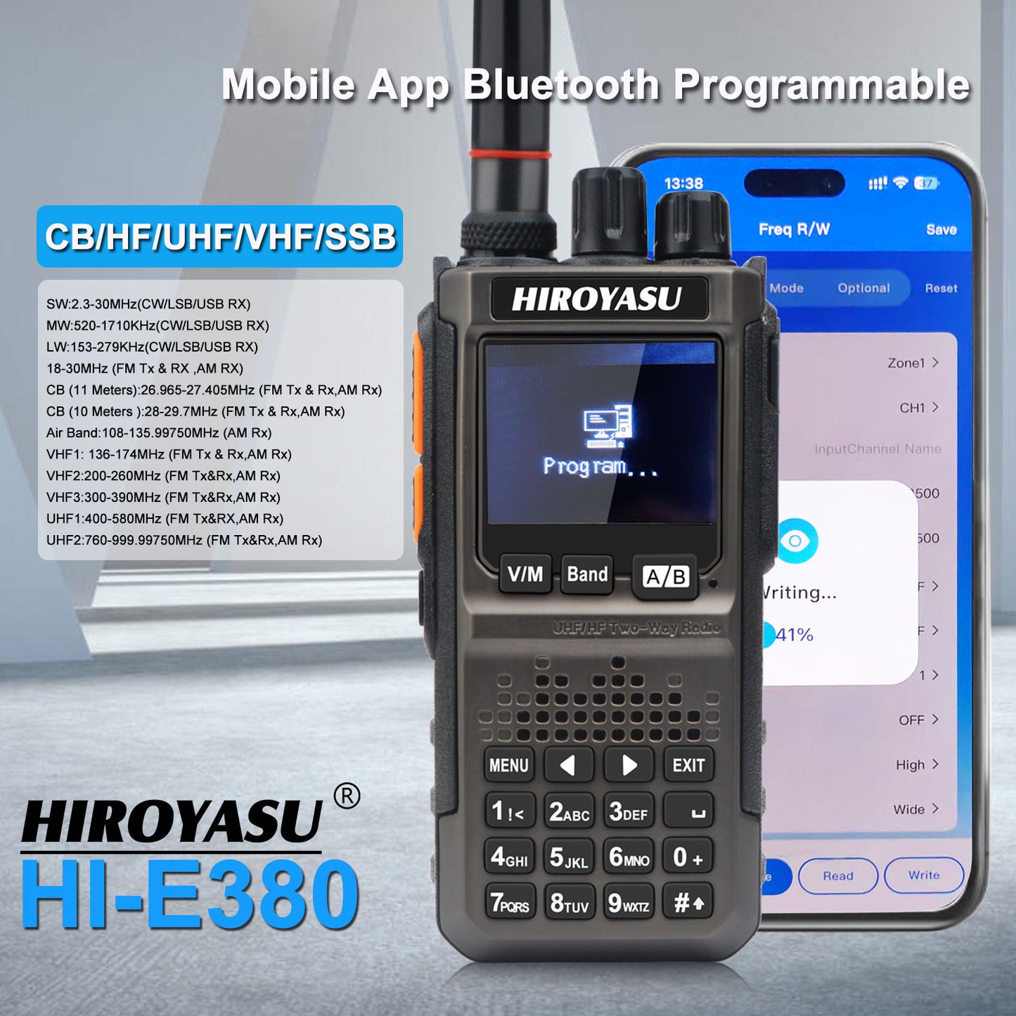 HIROYASU HI-E380 SSB CW FM AM CB Shortwave Aviation VHF UHF Full Band Walkie Talkies Bluetooth Program NOAA 10W Ham Radio Freq Copy