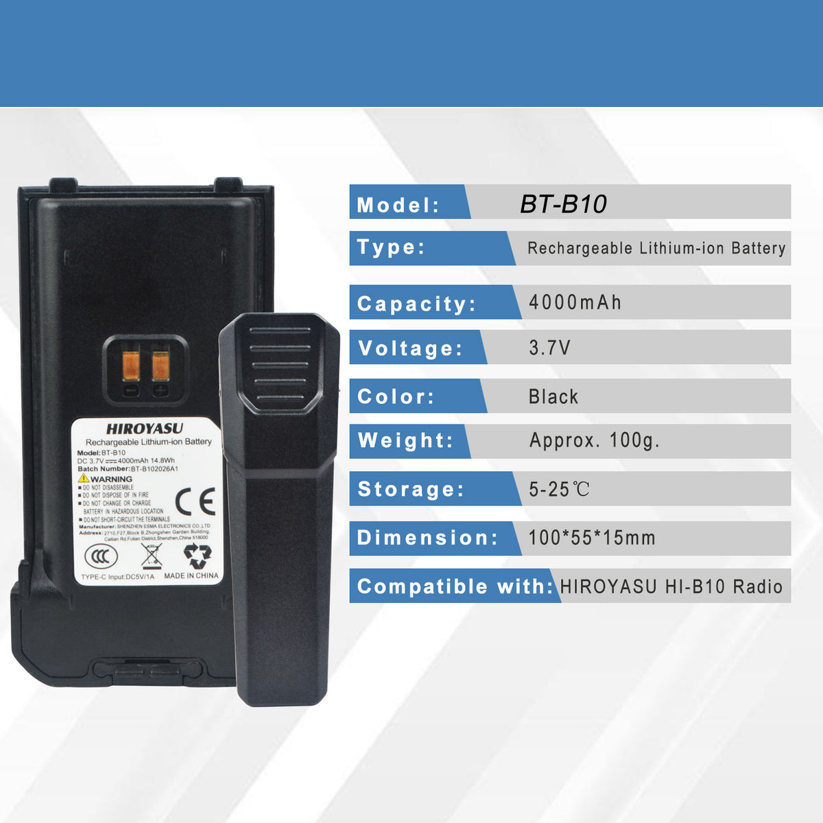 DC3.7V 4000mAh Type-C Rechargeable Lithium-ion Battery Pack BT-B10 for HIROYASU HI-B10 PoC Radio