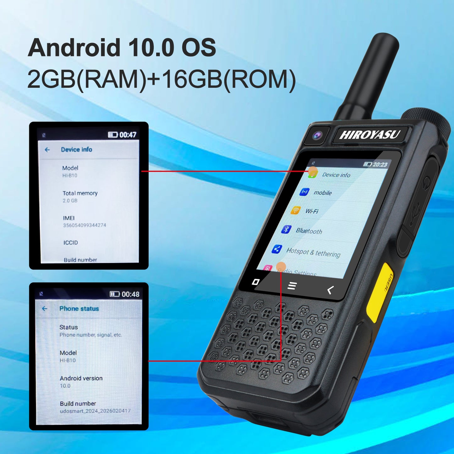 HIROYASU 4G LTE PoC Radio Video Call HI-B10 Zello Walkie Talkie 2GB RAM ROM 16GB Android 10.0 Hotspot & Tethering 2.4-inch Color Touchscreen