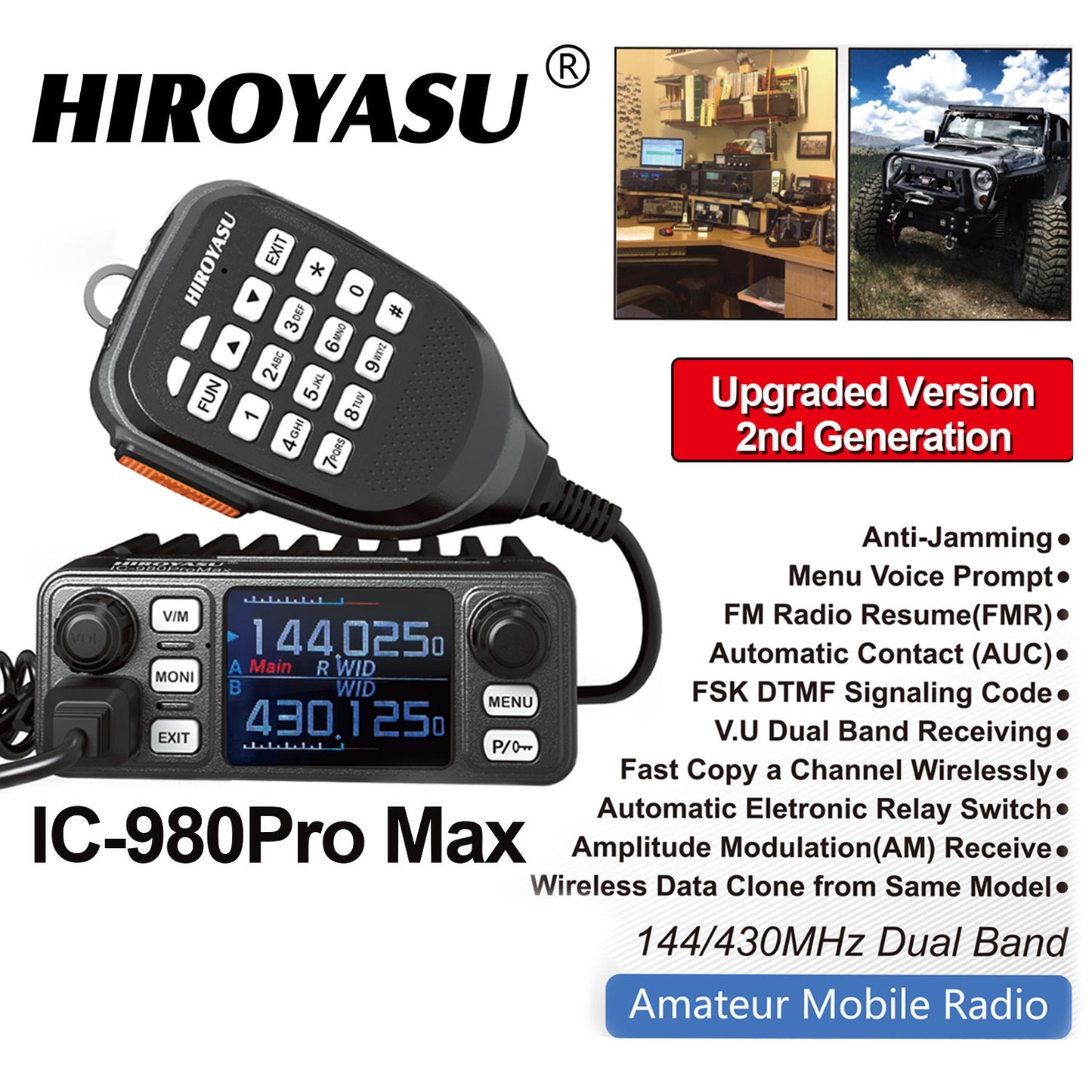 HIROYASU IC-980Pro Max 2m/70cm VHF UHF 144/430MHz FM/AM Dual Band DTMF 1750Hz Scrambler Vox Amateur Mobile Radio