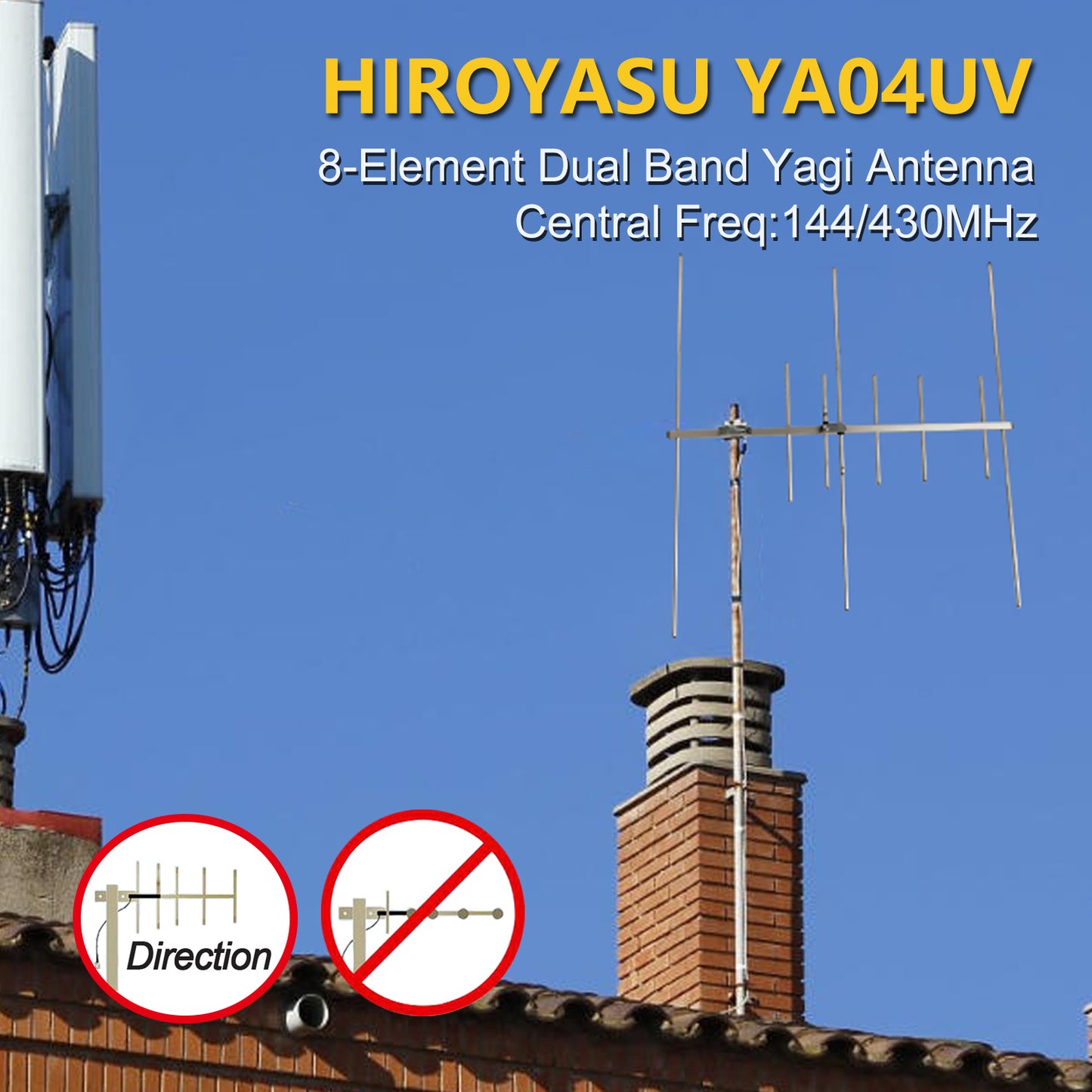 HIROYASU YA04UV Dual Band 144/430MHz GMRS 8-Element Directional High Gain Walkie Talkies Yagi Antenna 9.0dB VHF 11.5dB UHF 100W