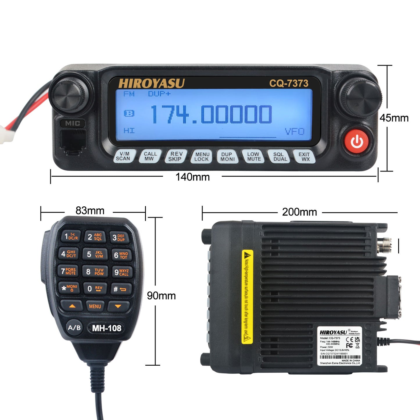 HIROYASU CQ-7373 Detachable Front Panel 108-615MHz Eight Bands Rx VU Dual Band Tx 50W 100Ch Aviation Amateur Mobile Transceiver