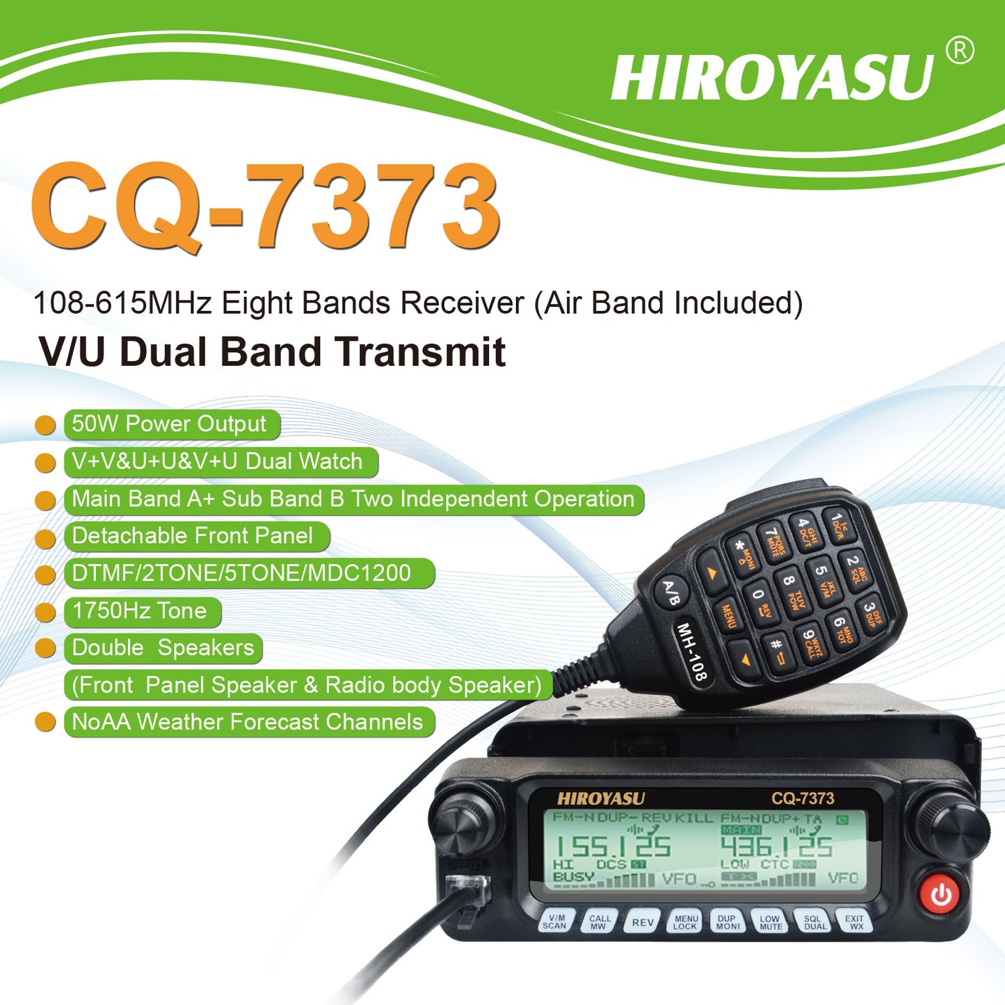 HIROYASU CQ-7373 Detachable Front Panel 108-615MHz Eight Bands Rx VU Dual Band Tx 50W 100Ch Aviation Amateur Mobile Transceiver