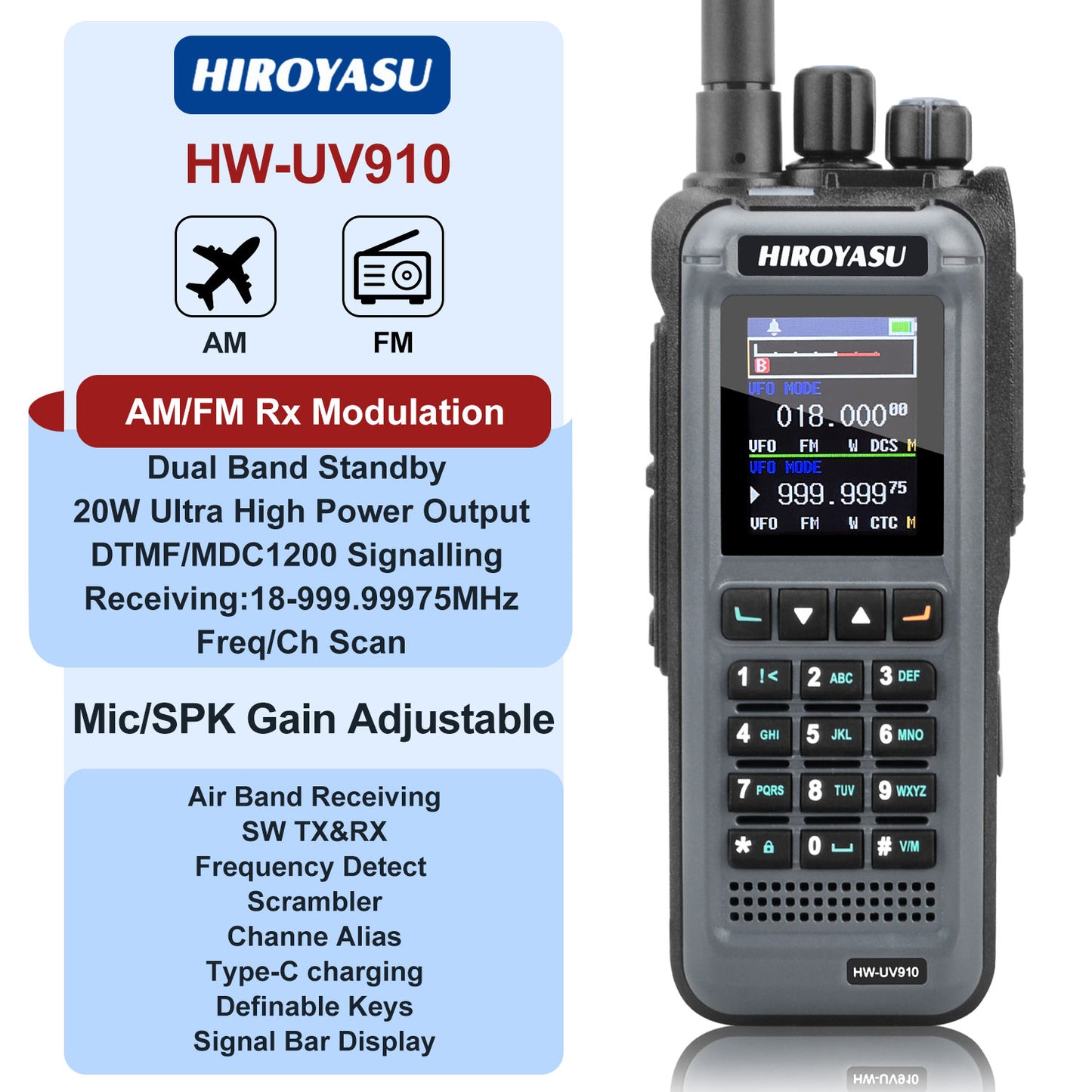 HIROYASU HW-UV910 20W V/UHF 136-174&400-480MHz 2M 70CM Radio Dual Band FM Walkie Talkie 18-999.999750MHz Air Band Rx Scrambler