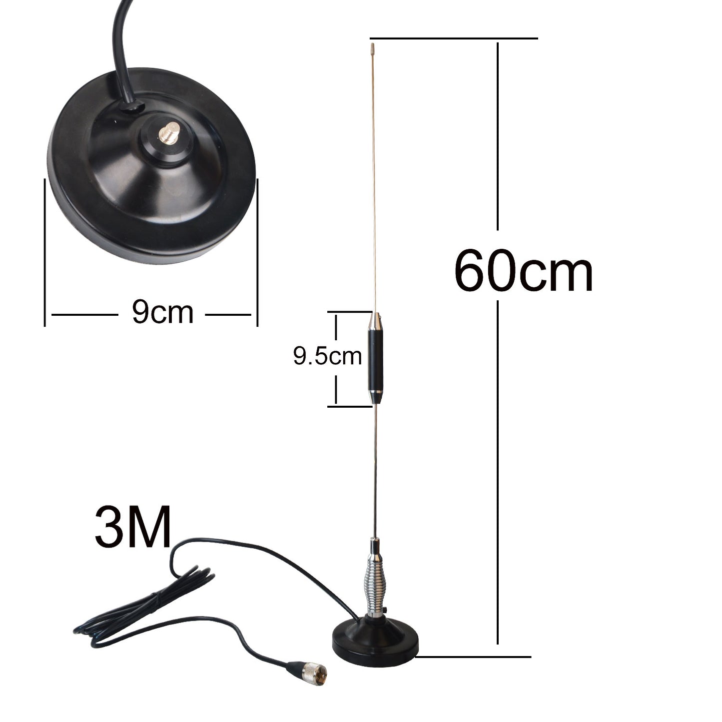 27MHz Mobile Transceiver Antenna 600mm Length 2 Segments 1.8dB High Gain with Magnet Mount and 5Meter RG-58C/U Coaxial Cable 2732 CB Car Walkie Talkie Antenna