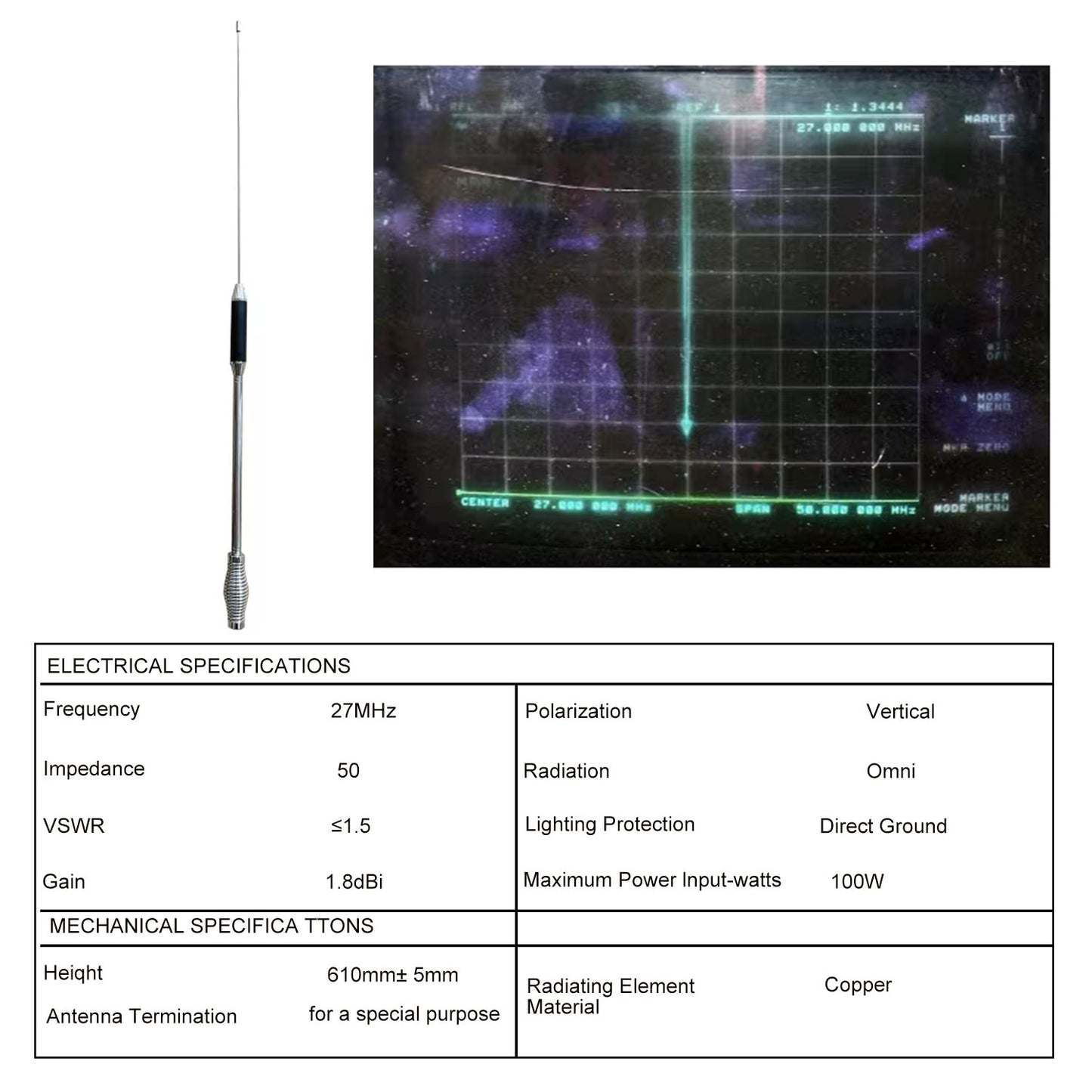 Citizen Band Mobile Radio CB 27MHz Antenna 600mm Length 1.8dB High Gain with Magnet Mount and RG-58C/U Coaxial Cable 2782