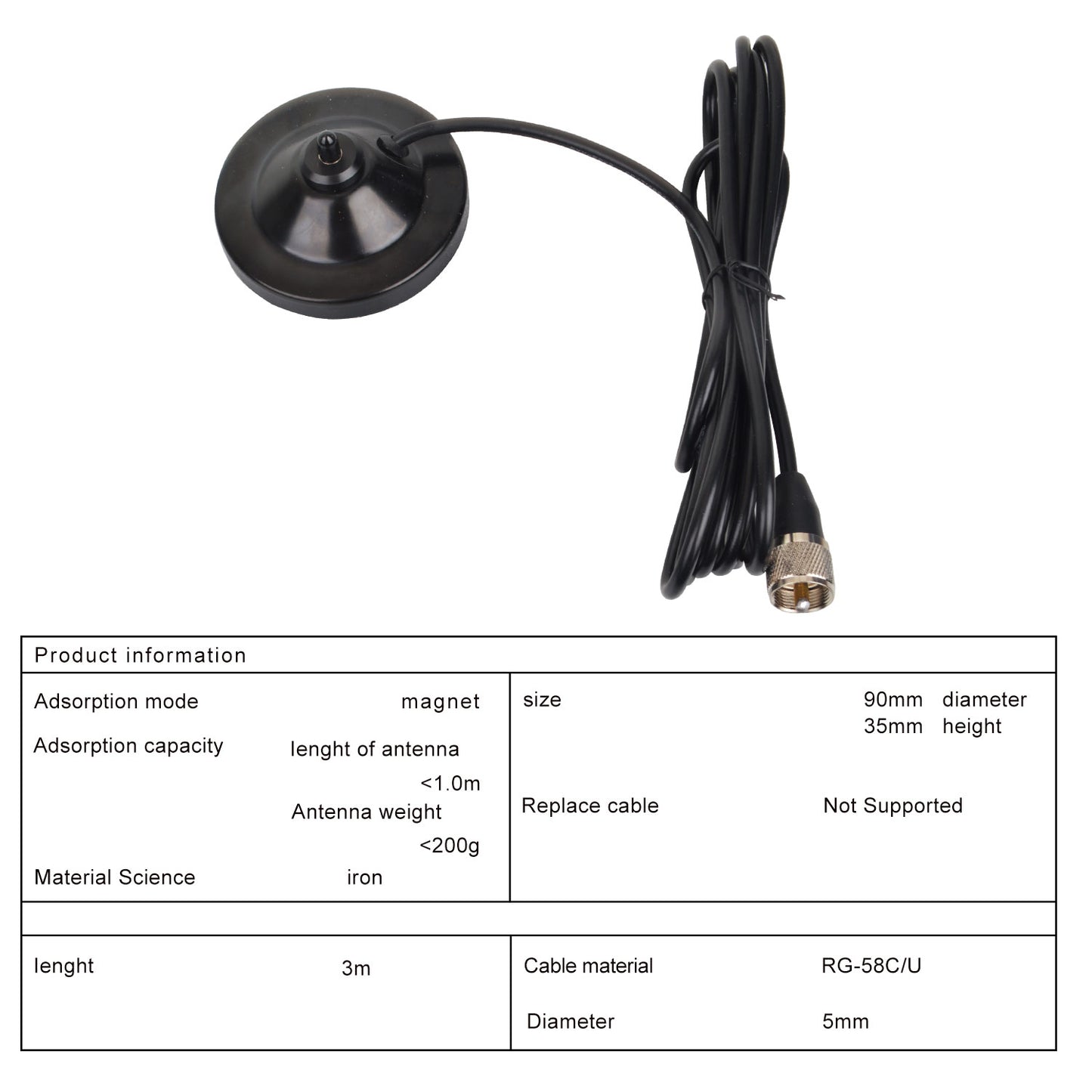 Citizen Band Mobile Radio CB 27MHz Antenna 600mm Length 1.8dB High Gain with Magnet Mount and RG-58C/U Coaxial Cable 2782