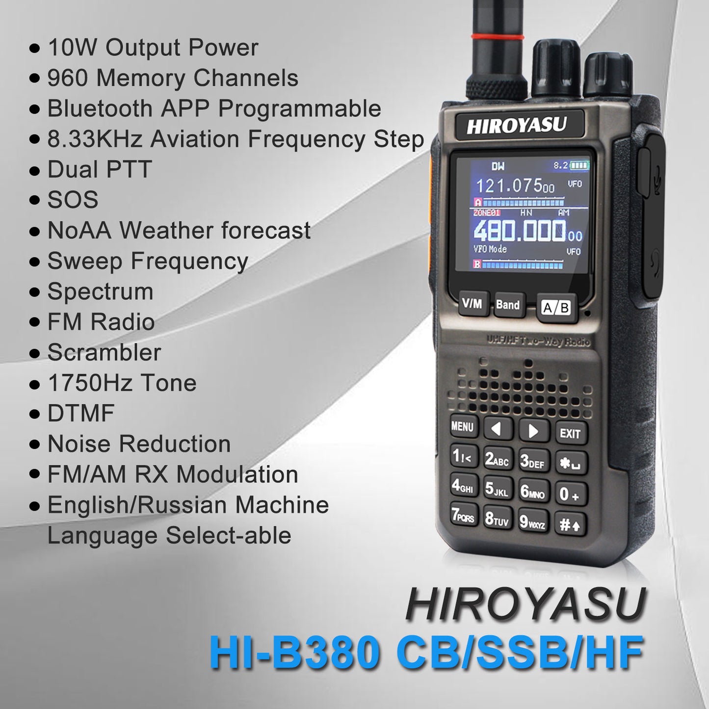 HIROYASU HI-E380 SSB CW FM AM CB Shortwave Aviation VHF UHF Full Band Walkie Talkies Bluetooth Program NOAA 10W Ham Radio Freq Copy
