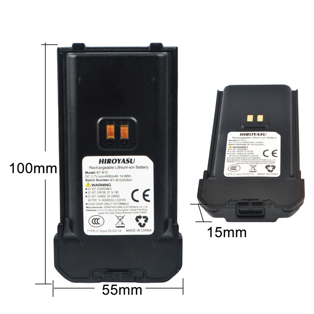 DC3.7V 4000mAh Type-C Rechargeable Lithium-ion Battery Pack BT-B10 for HIROYASU HI-B10 PoC Radio